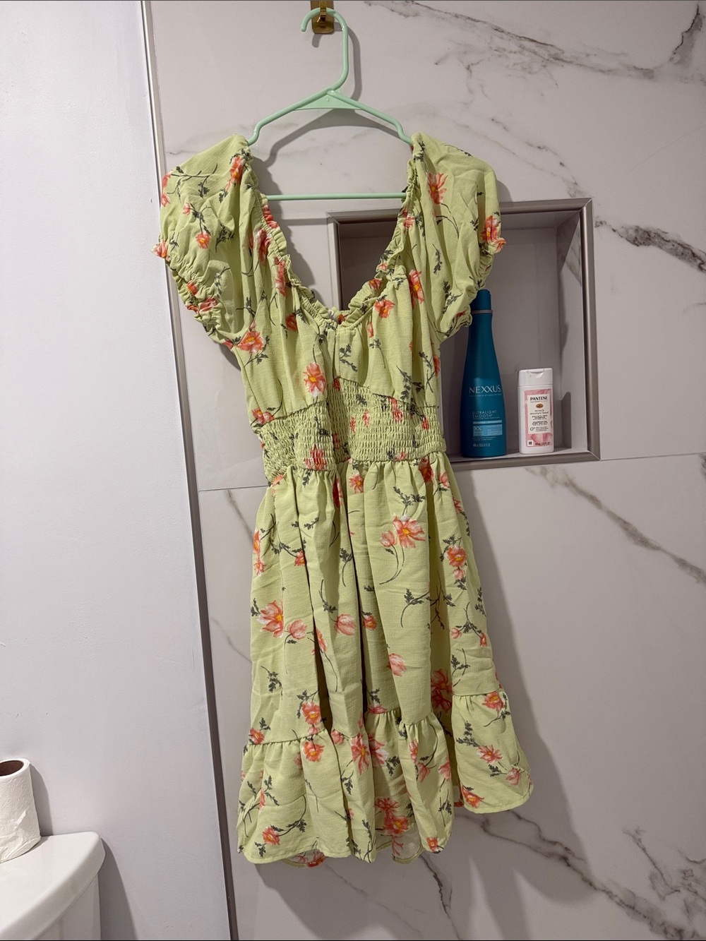 Light Green Floral Midi Dress with Smocked Waist